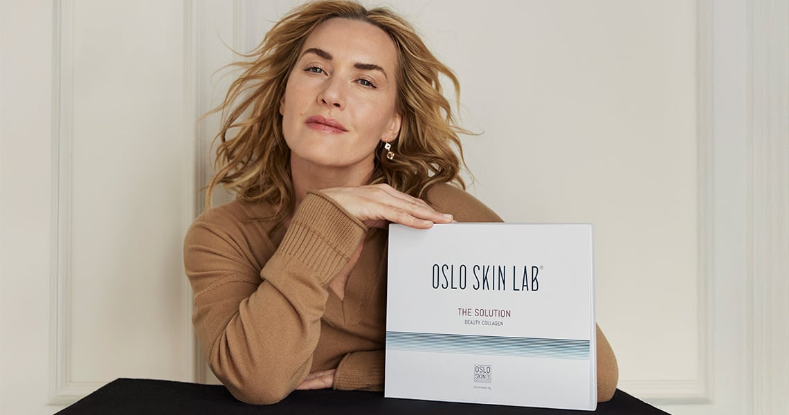 Kate Winslet Oslo Skin Lab Ambassador holding The Solution Collagen